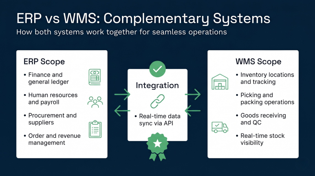 Venn diagram showing erp scope (finance, hr, procurement) on left and wms scope (inventory, picking, packing) on right with warehouse operations highlighted in the overlapping centre section